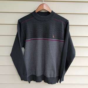 Polo Villae Sweater Mens XL Black Striped Embroidered Pony Crewneck